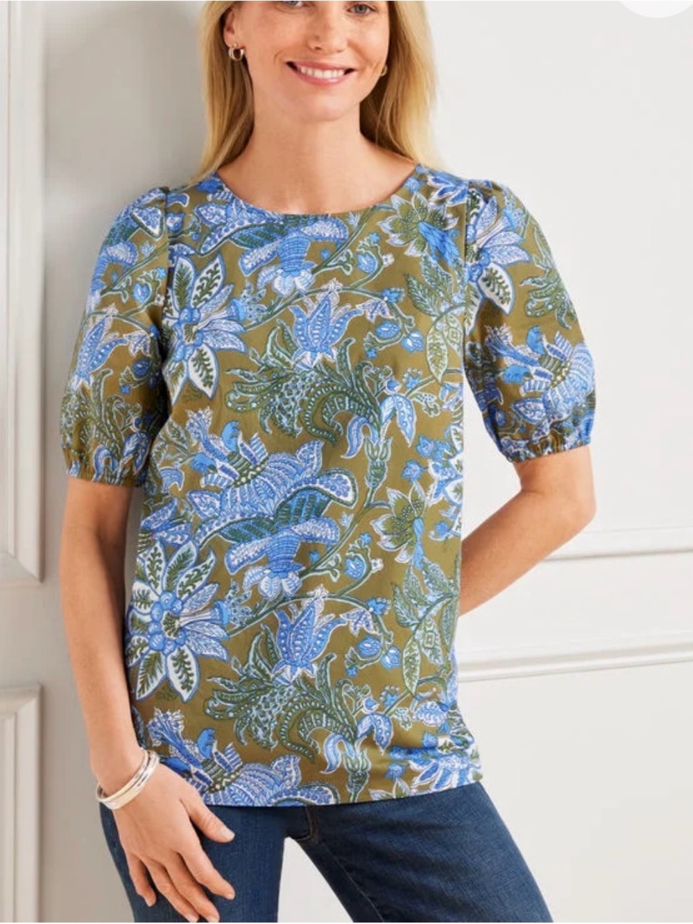 Talbots Floral Paisley Blouse Medium Olive Blue 100% Cotton Short Sleeve